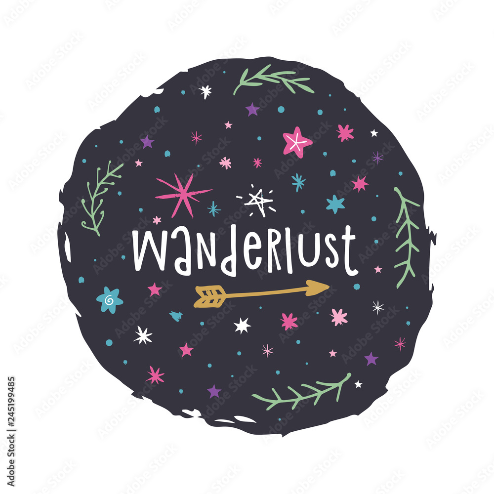 Vector and jpg image, clipart, editable isolated details. Wanderlust text card, baby stylish illustration.