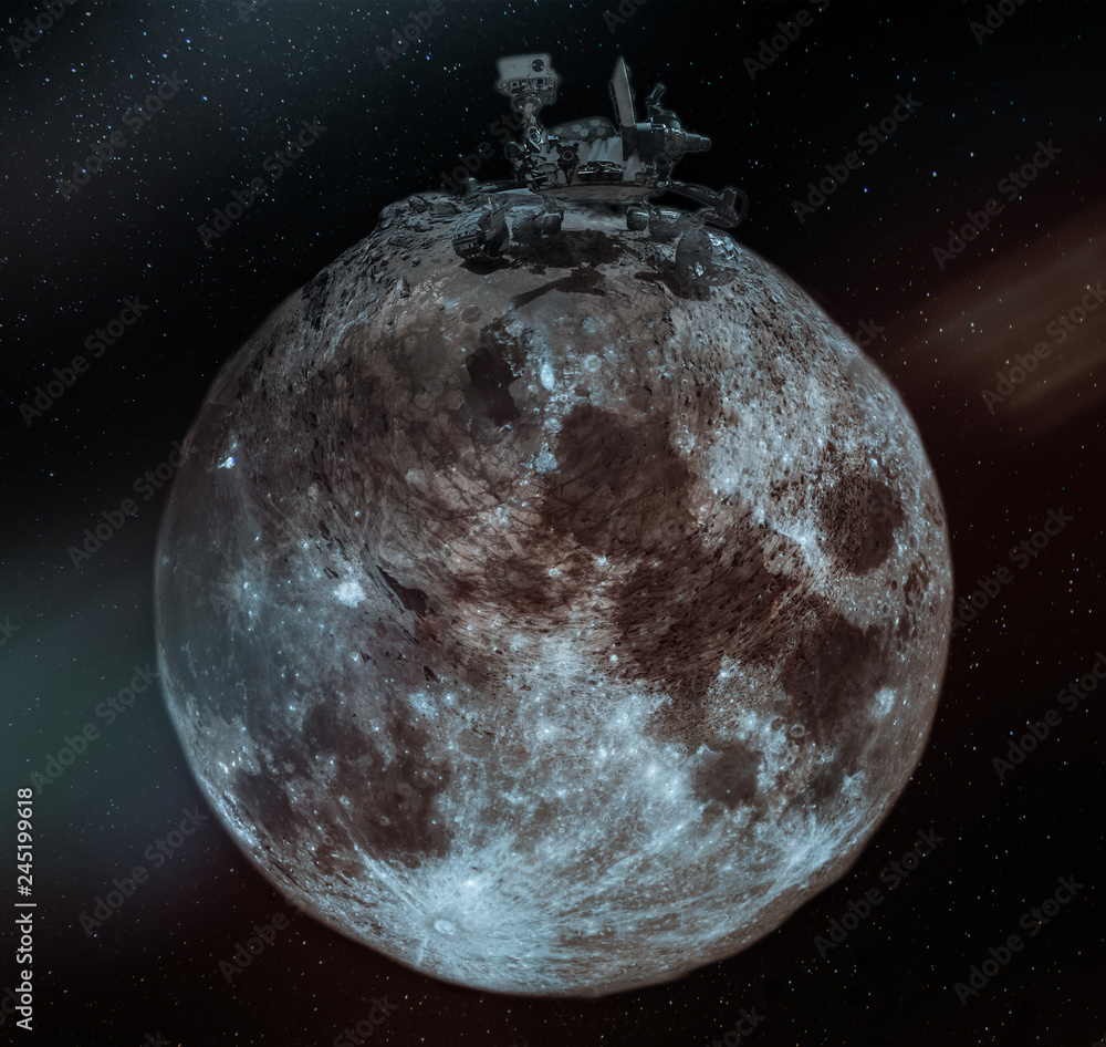 Fototapeta premium Collage with huge rover on the small moon. Concept of moon exploration, lunar program. Elements of this image furnisfurnished by NASA.
