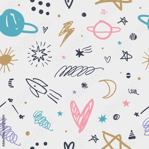 Vector cute cartoon space galaxy pattern. Nursery wallpaper and background.