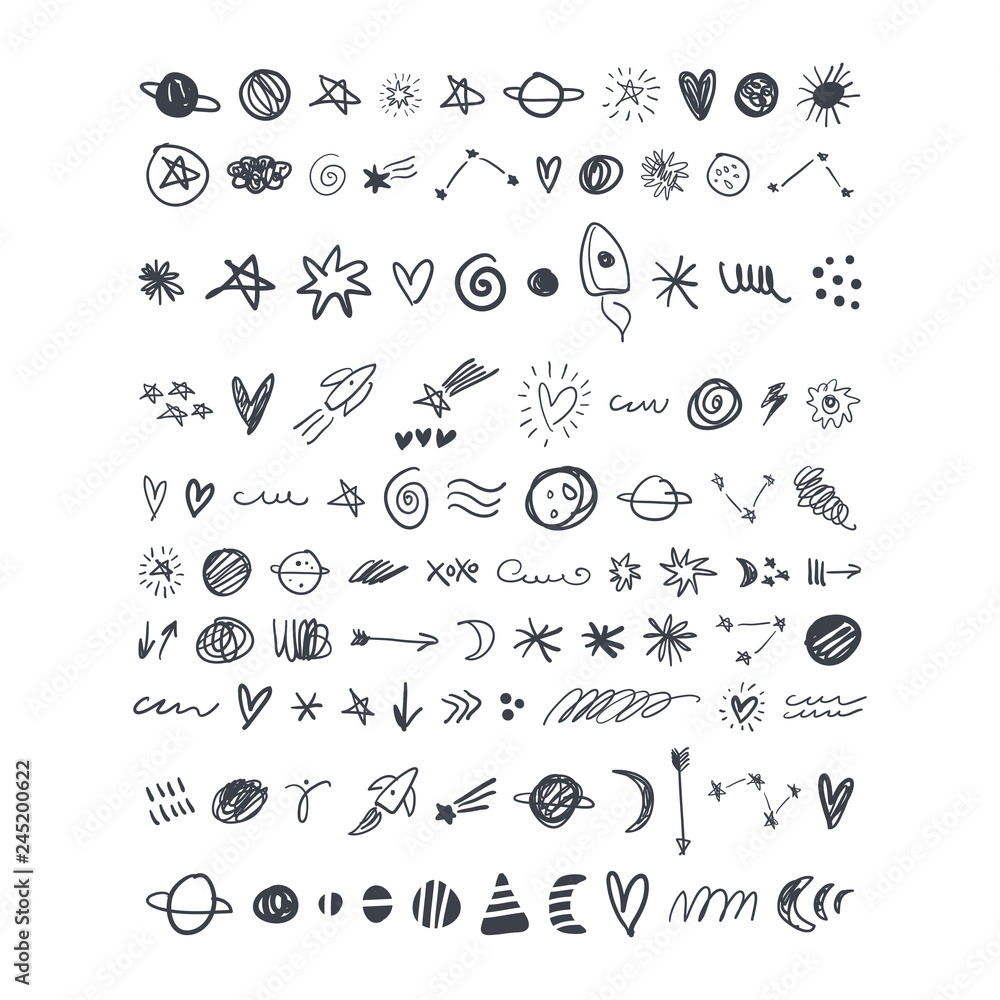 Vector astronomy set. Cute cartoon planets, space elements. Illustrations for kids, nursery wallpaper.