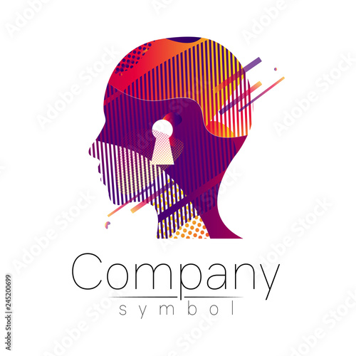 Modern head logo of Company Brand . Profile Human with keyhole . Fluid style. Logotype in vector. Design concept. Gradient liquid isolated on white background. Abstract geometric shapes. Red violet