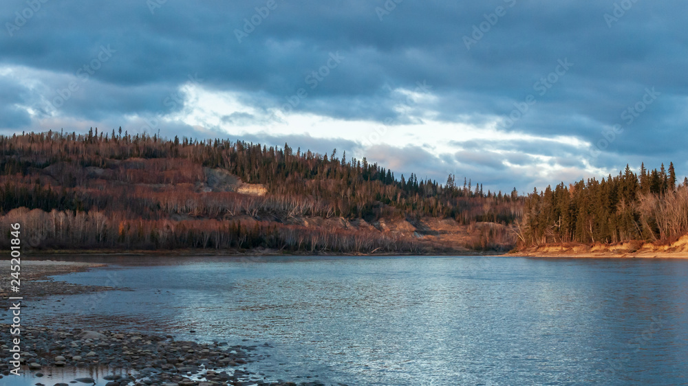 Blue Cloudy Sky over Athabasca River Panoramic