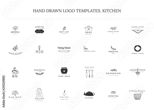 Kitchen logo templates set. Vector hand drawn objects.