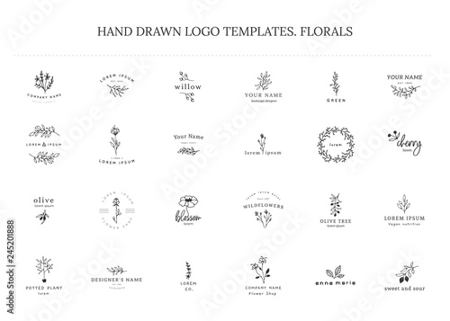 Vector set of floral hand drawn logo templates in elegant and minimal style.