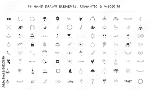 Big wedding and romantic logo elements set. Vector hand drawn objects.