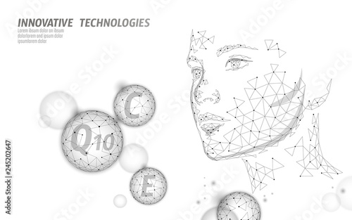 Healthy skin vitamin complex low poly sphere bubble. Health supplement female face anti-aging beauty cosmetics banner template. 3D coenzyme Q10, C, E. Medicine science vector illustration