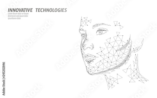 Low poly female human face biometric identification. Recognition system concept. Personal data secure access scanning innovation technology. 3D polygonal rendering vector illustration
