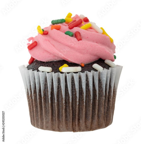 A single pink frosted chocolate cupcake isolated on a white background side view. photo