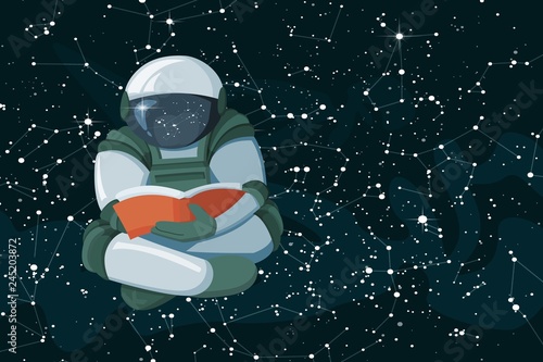 Cartoon Floating astronaut reading a book on space coloed background