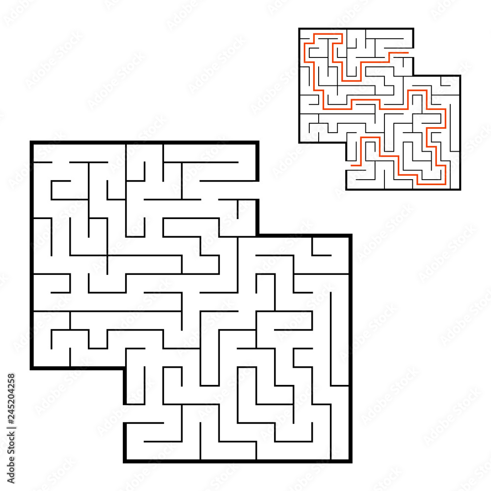 Abstract square maze. Game for kids. Puzzle for children. Labyrinth conundrum. Flat vector illustration isolated on white background. With answer. With place for your image. Abstract square maze. Game for kids. Puzzle for children. Labyrinth conundrum. Flat vector illustration isolated on white background. With answer. With place for your image.