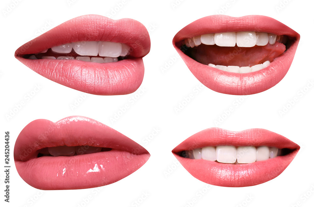 Set of mouths with beautiful make-up isolated on white. Pink lipstick Set of mouths with beautiful make-up isolated on white. Pink lipstick