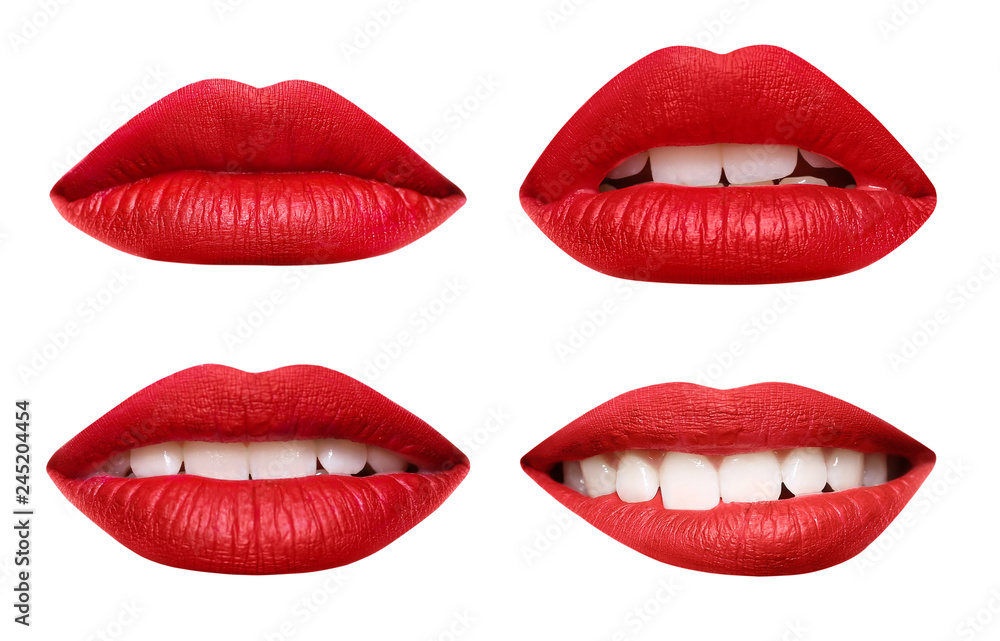 Set of mouths with beautiful make-up isolated on white. Red lipstick - obrazy, fototapety, plakaty 
