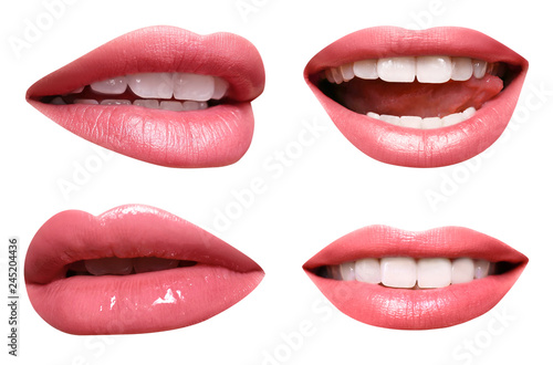 Set of mouths with beautiful make-up isolated on white. Pink lipstick photo