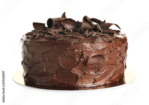 Tasty homemade chocolate cake on white background