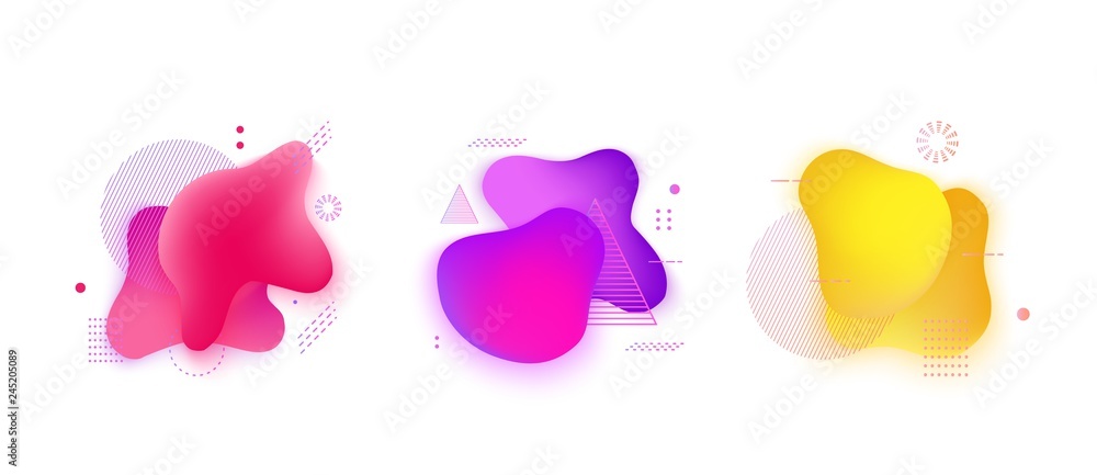 Absract fluid gradient spots with geometric symbols set. Set of spots with abstract elements for trendy pink, purple, yellow color design. Vector illustration on isolated background. Absract fluid gradient spots with geometric symbols set. Set of spots with abstract elements for trendy pink, purple, yellow color design. Vector illustration on isolated background.