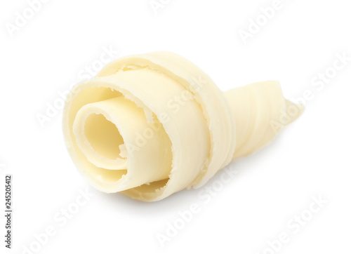 Yummy chocolate curl for decor on white background