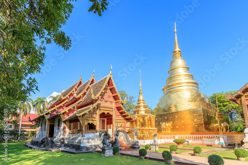 Chapel and golden pagoda at Wat Phra Singh Woramahawihan in Chiang Mai, North of Thailand