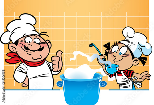 The vector illustration shows a male chef and student who he teaches to cook.