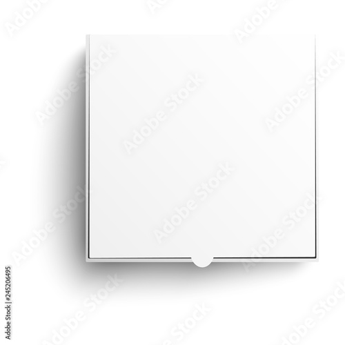 Vector pizza package box white mockup. Cardboard blank packaging for brand design. Italian food delivery container ready for corporate design advertising. Isolated illustration