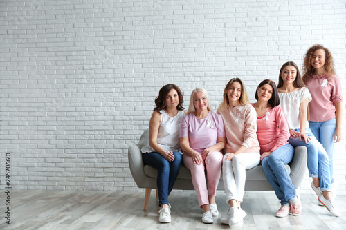 Group of women with silk ribbons on sofa against brick wall, space for text. Breast cancer awareness concept photo