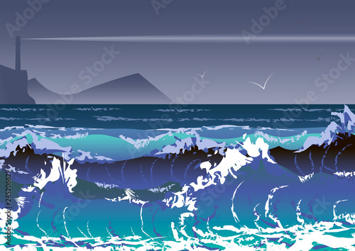 illustration with sea storm and lighthouse. Sea waves and stormy sky