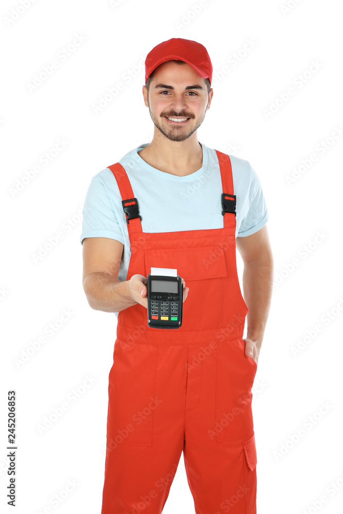 Male courier with terminal for contactless payment on white background Male courier with terminal for contactless payment on white background
