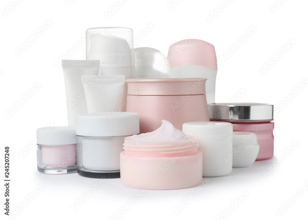 Different body care products on white background Different body care products on white background