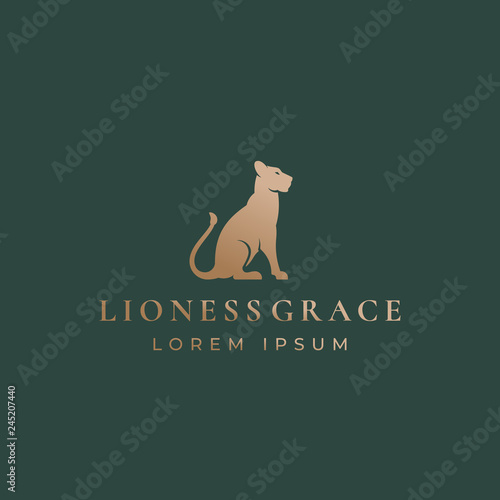 Lioness Grace Abstract Vector Sign, Emblem or Logo Template. Gracefull Sitting Lion Silhouette with Retro Typography. Vintage Premium Label.
