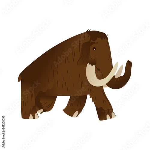 Vector mammoth stone age animal cartoon icon. Prehistoric extinct mammal with huge tusk. Ancient are animal with brown fur, long trunk. Isolated illustration