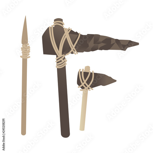 Vector stone age primitive tools and weapons set. Wooden spear with rock arrowhead, prehistoric hammer and caveman axe. Ancient civilization archeology artifact collection. Isolated illustration