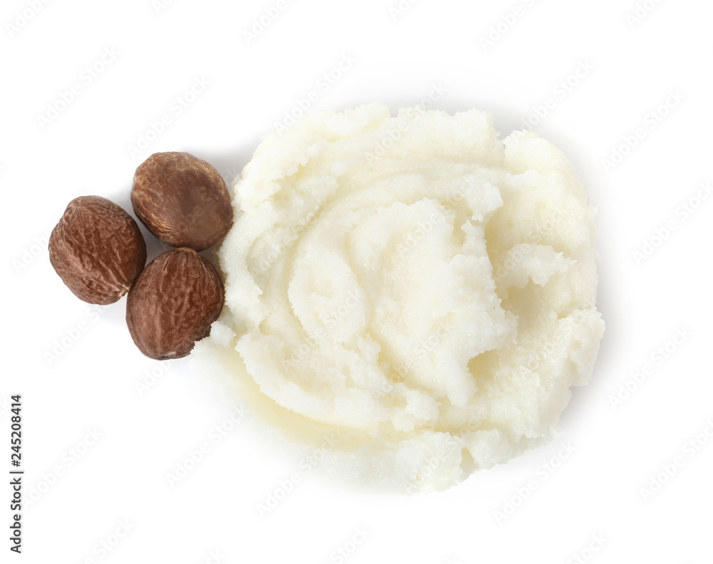 Fresh shea butter and nuts isolated on white, top view Fresh shea butter and nuts isolated on white, top view