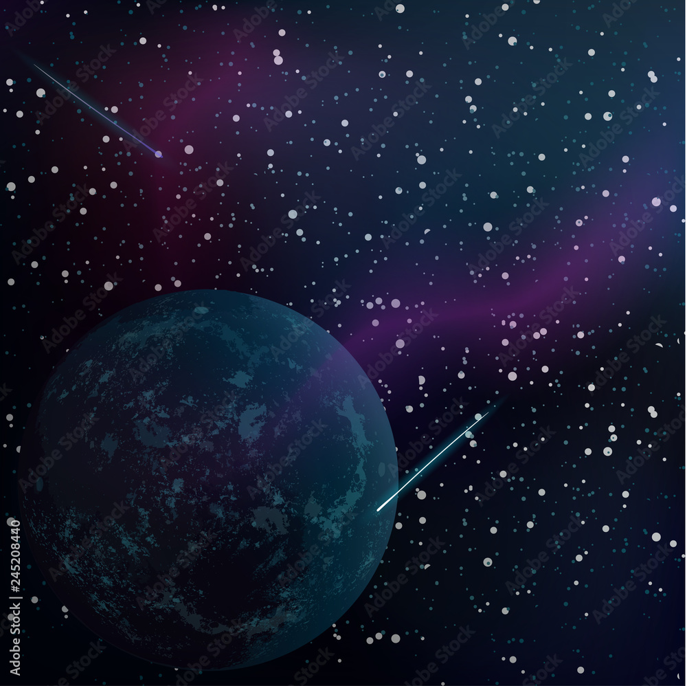 Obraz premium Vector illustration. Realistic space with an unknown planet and many stars.