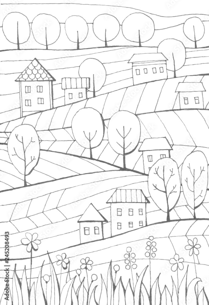 Rural landscape with houses, trees and fields. Black and white hand drawn illustration. Coloring book.