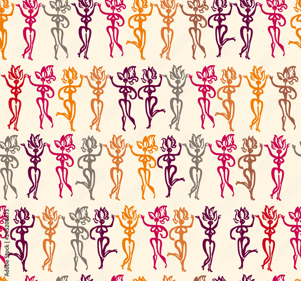 Hand drawn beautiful hot samba dancers in feathers seamless pattern. Dancers silhouettes Art illustration original graphic pattern imitation of brush and paint.
Hand drawn beautiful hot samba dancers in feathers seamless pattern. Dancers silhouettes Art illustration original graphic pattern imitation of brush and paint.