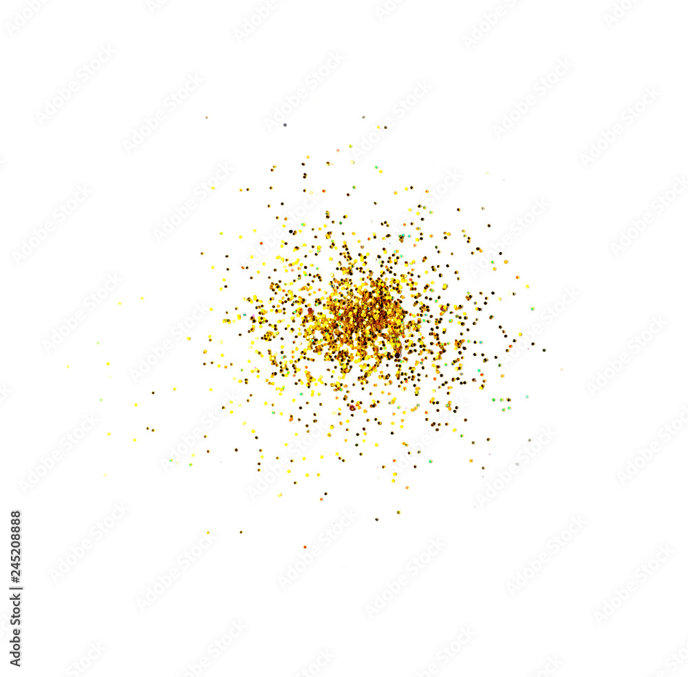 Shiny golden glitter on white background, top view Shiny golden glitter on white background, top view