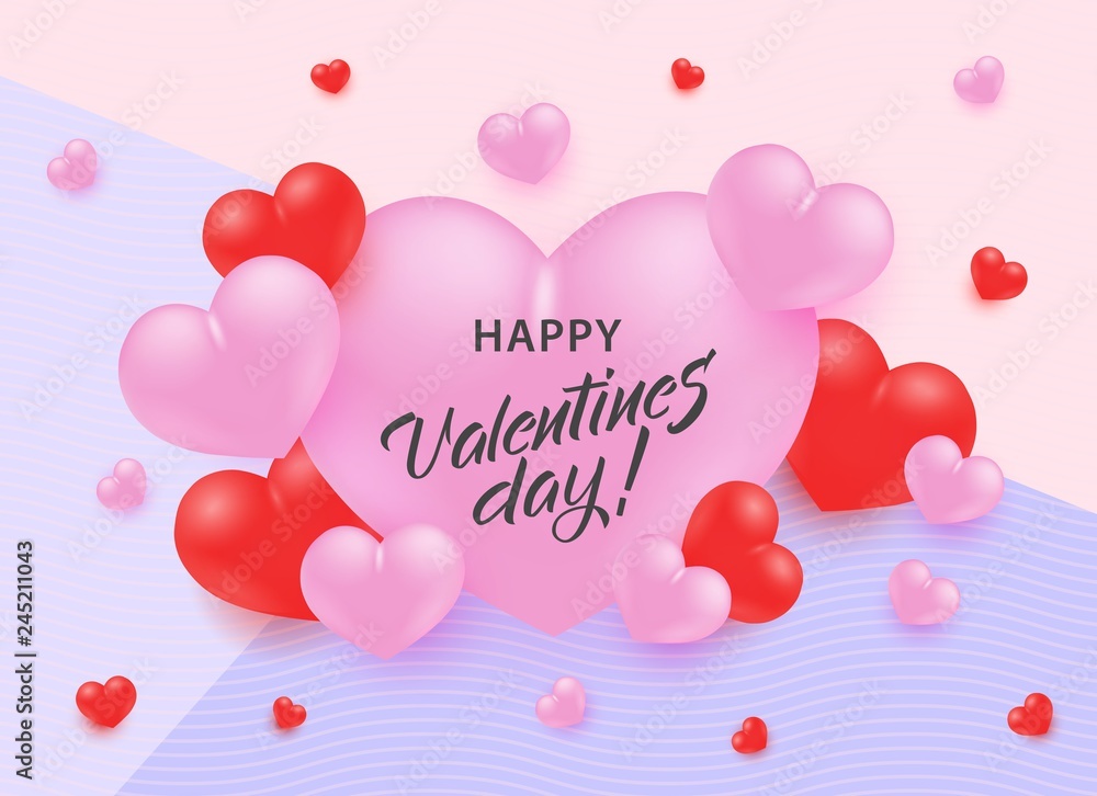 Happy Valentine Day greeting banner with congratulation sign in big pink heart shape surrounded by little hearts on pastel background - vector illustration of romantic design for 14 February.