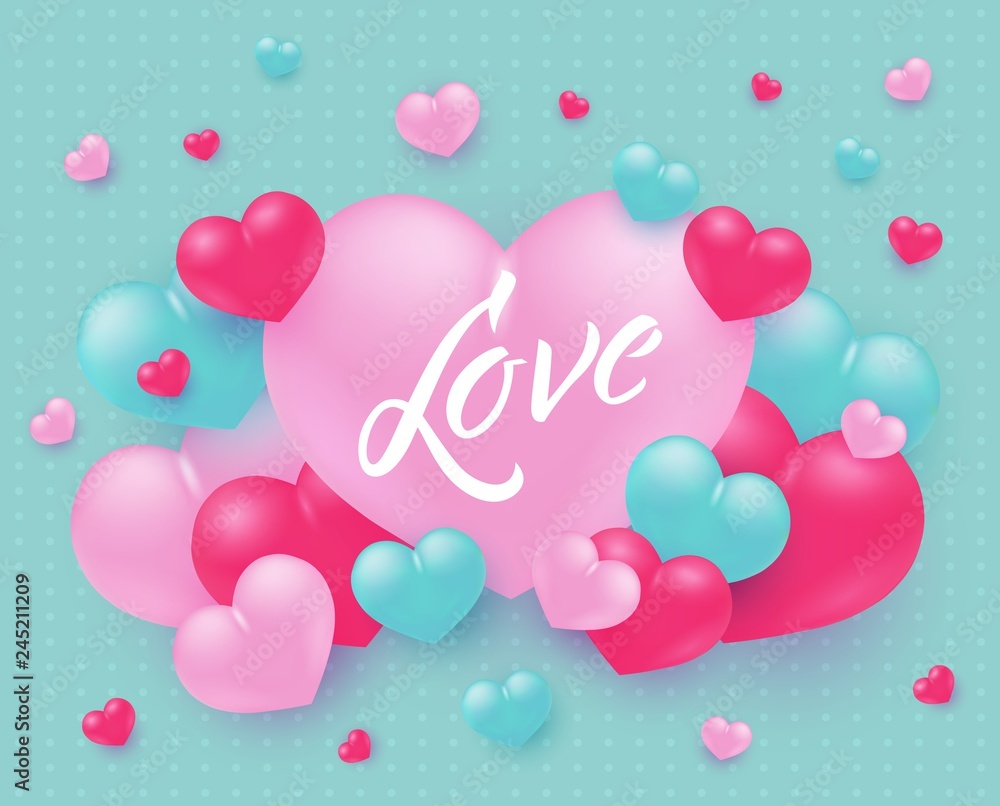Love text design with sign on big pink heart surrounded by little heart shapes on pastel turquoise background - vector illustration of tender romantic banner for Valentines day or wedding design.