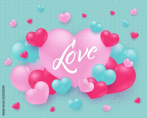 Love text design with sign on big pink heart surrounded by little heart shapes on pastel turquoise background - vector illustration of tender romantic banner for Valentines day or wedding design.