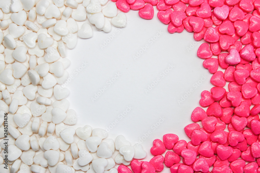 Valentines day background with hearts, colorful candies