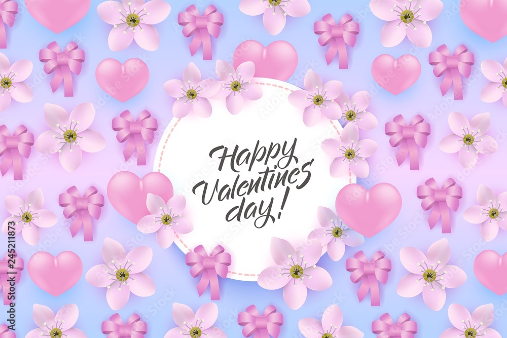 Vector happy valentines day poster, special offer banner with hearts, bow flowers pattern, hand written lettering. Romantic holiday commercial background online store clearance shopping promo template