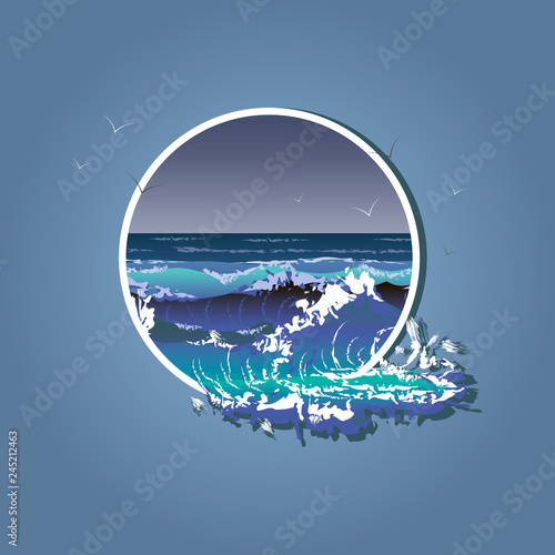 Illustration of the big waves in white frame. Sea storm