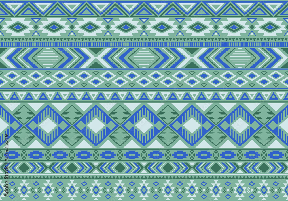Ikat pattern tribal ethnic motifs geometric seamless vector background. Modern ikat tribal motifs clothing fabric textile print traditional design with triangle and rhombus shapes.