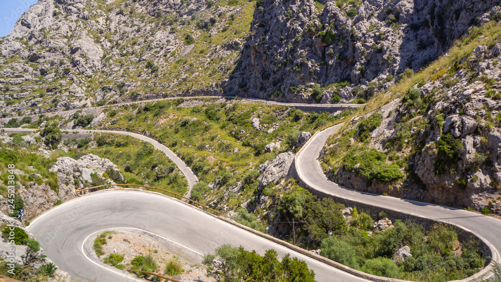 Mallorca, Spain. The panoramic and tourist road leading to the port of Sa Calobra. Winding and narrow road