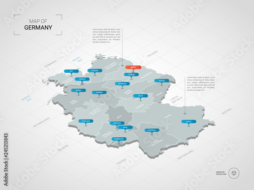 Germany vector map with infographic elements, pointer marks. Editable template with regions, cities and capital Berlin. 