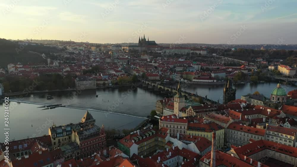 Prague, Czech Republic panorama with historic Charles Bridge and Vltava river on sunny day. Prague, Sunset over city as seen from above, Czech Republic Prague, Czech Republic panorama with historic Charles Bridge and Vltava river on sunny day. Prague, Sunset over city as seen from above, Czech Republic