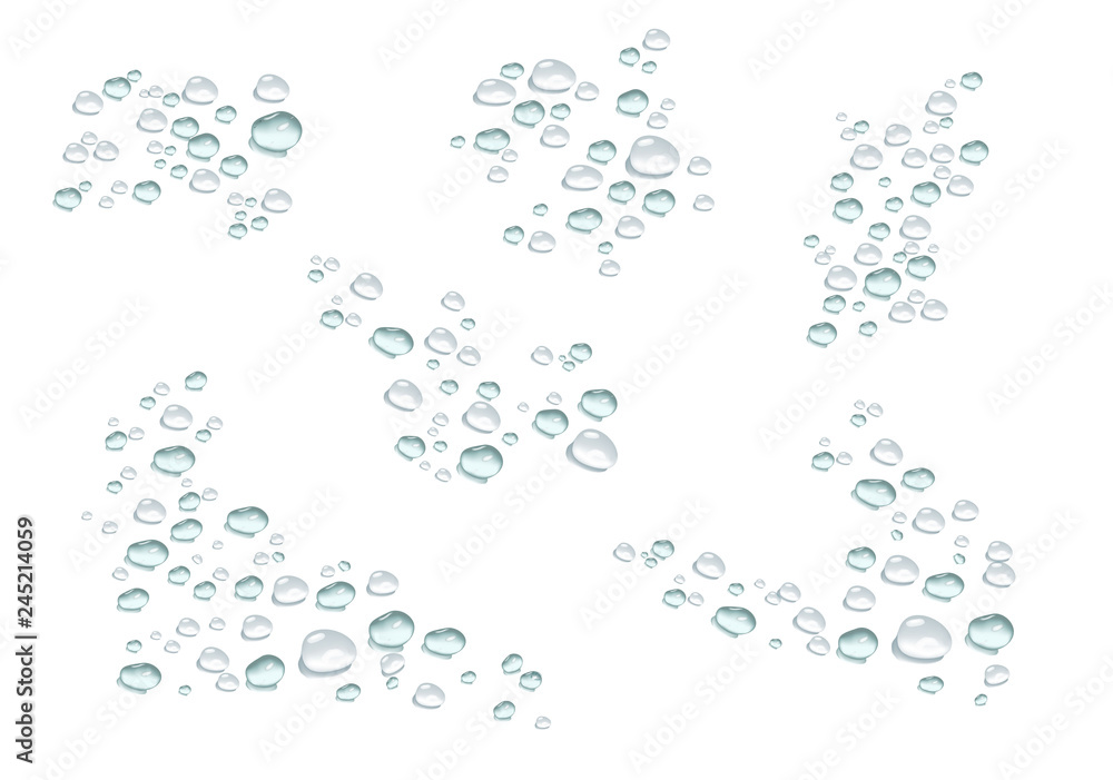 set of transparent water drops in gray and blue colors. vector water drops isolated on white background.