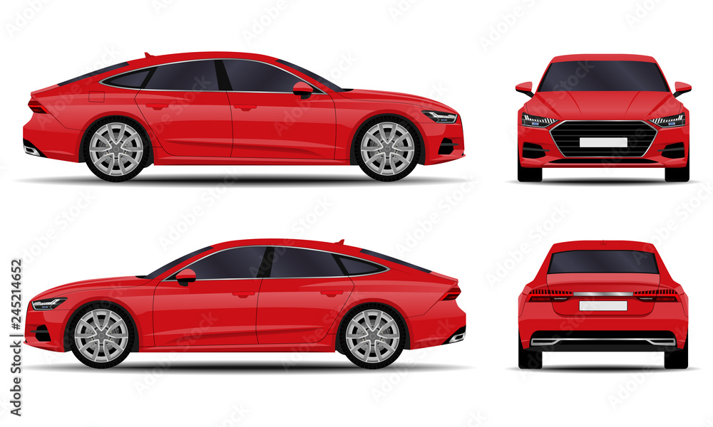 realistic car. sport sedan. front view; side view; back view.