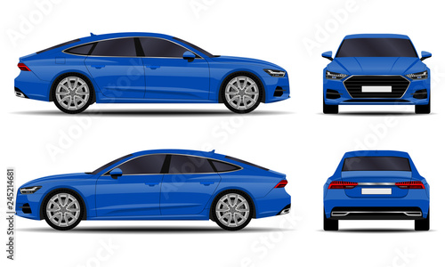 realistic car. sport sedan. front view; side view; back view.