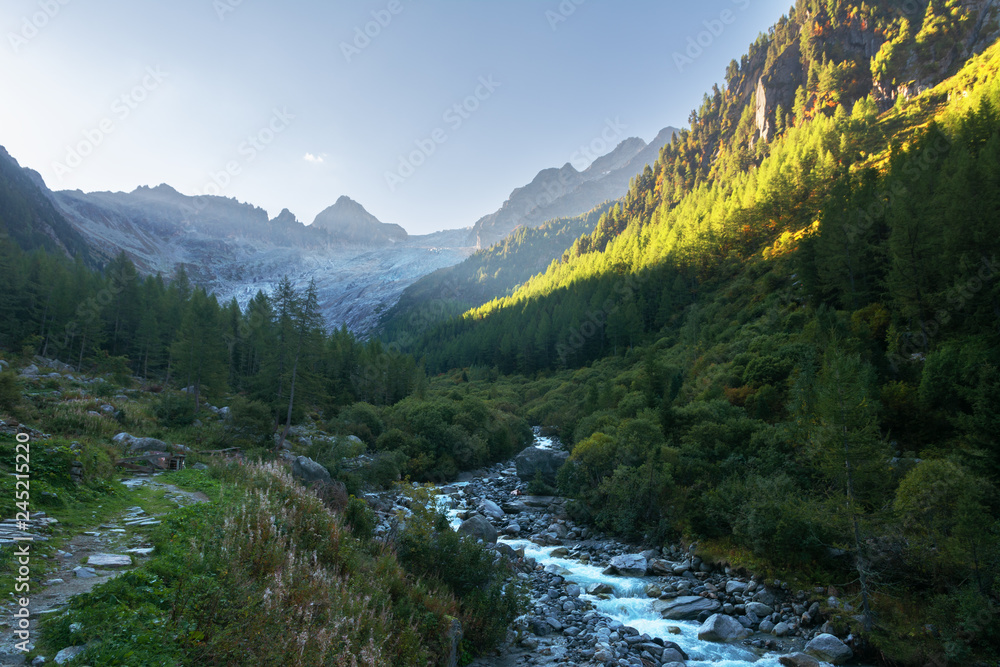 Beautiful landscapes of the Alps with rivers and peaks.