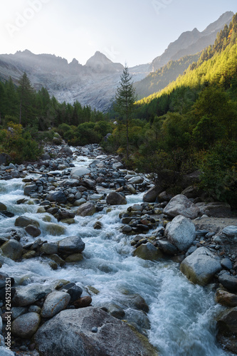 Beautiful landscapes of the Alps with rivers and peaks.